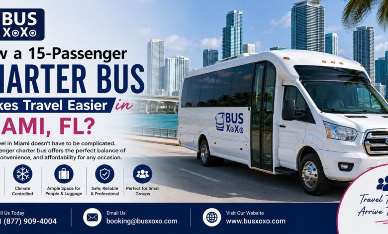 White 15-passenger charter bus parked on a Miami waterfront road with the city skyline behind